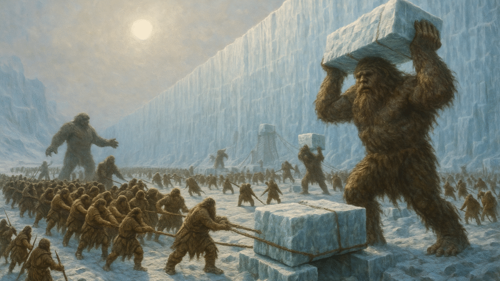 (Building The Wall): Giants and wildlings building a massive ice wall, a key visual from Game of Thrones.