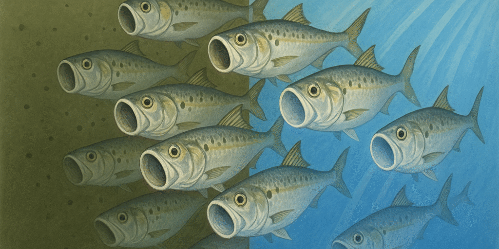 An illustration of a school of Menhaden filtering water. The fish swim from murky green water into clear blue water, representing their role as the ocean's natural purifiers.