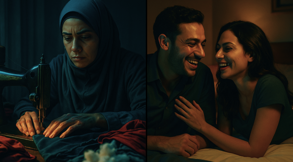 A visual representation of betrayal, showing the wife working hard in a dim workshop while her husband secretly enjoys time with another woman in a warm café.