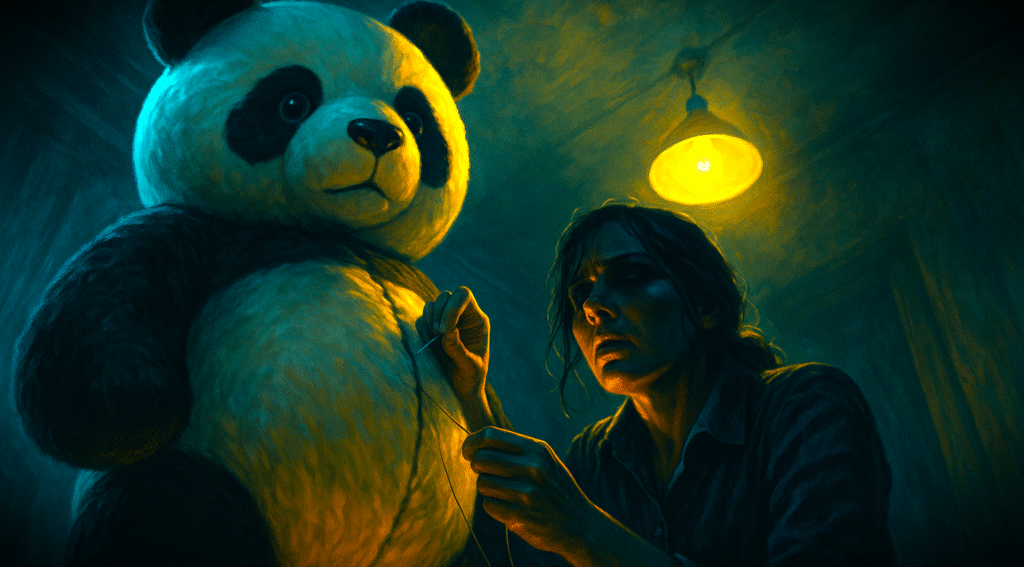 A woman secretly sewing a giant teddy bear shut in a dark room, illustrating the terrifying moment she concealed her husband's body in the teddy bear murder.