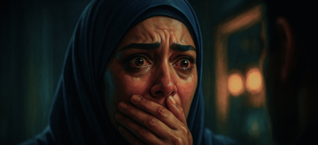 The face of a heartbroken wife in the moment she discovers her husband's two-year-long affair and secret family, capturing the story's emotional turning point.