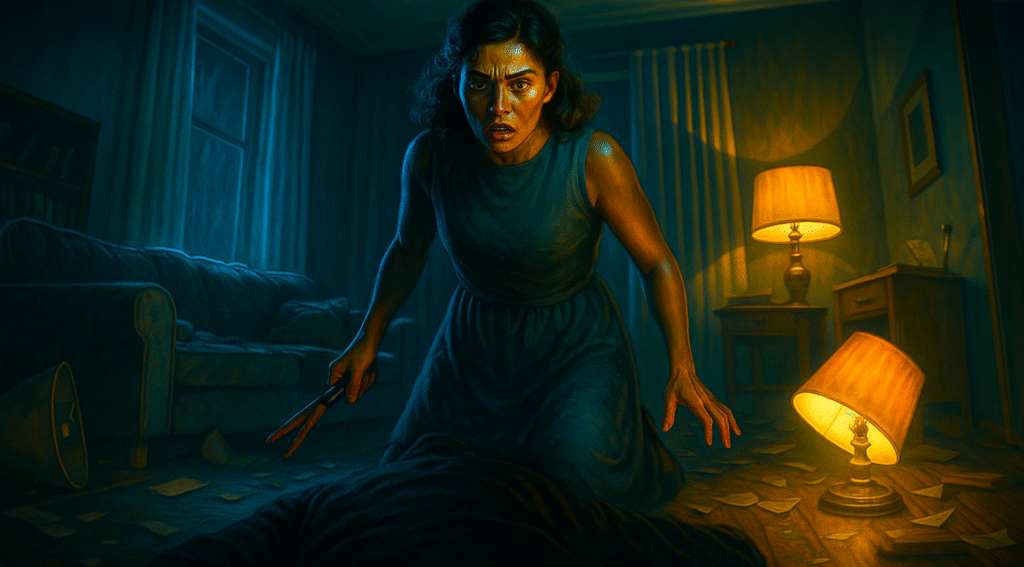 A woman standing in a state of shock in a disheveled room after murdering her husband, capturing the immediate and horrifying aftermath of the crime.