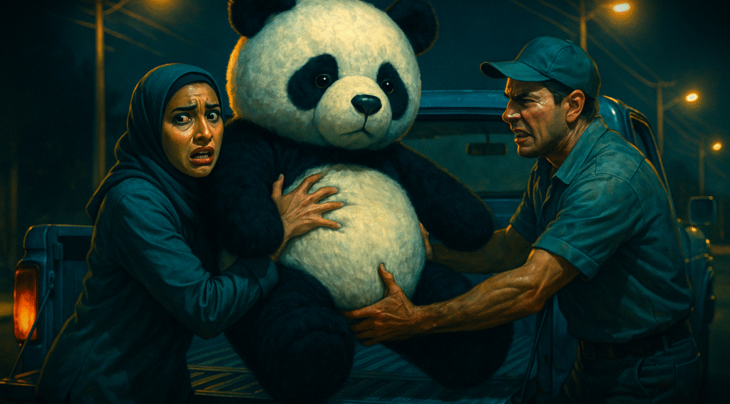 The wife and a worker visibly struggling to lift the impossibly heavy teddy bear into a truck, highlighting the physical burden of her gruesome secret.