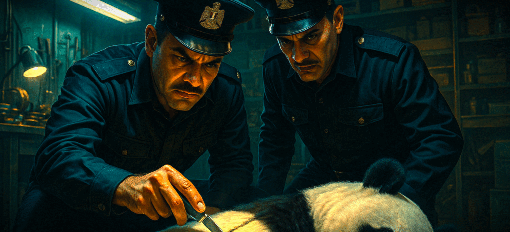 Police officers about to uncover the crime, carefully cutting open the teddy bear that hides a murder victim, symbolizing the inevitable reveal of the truth.