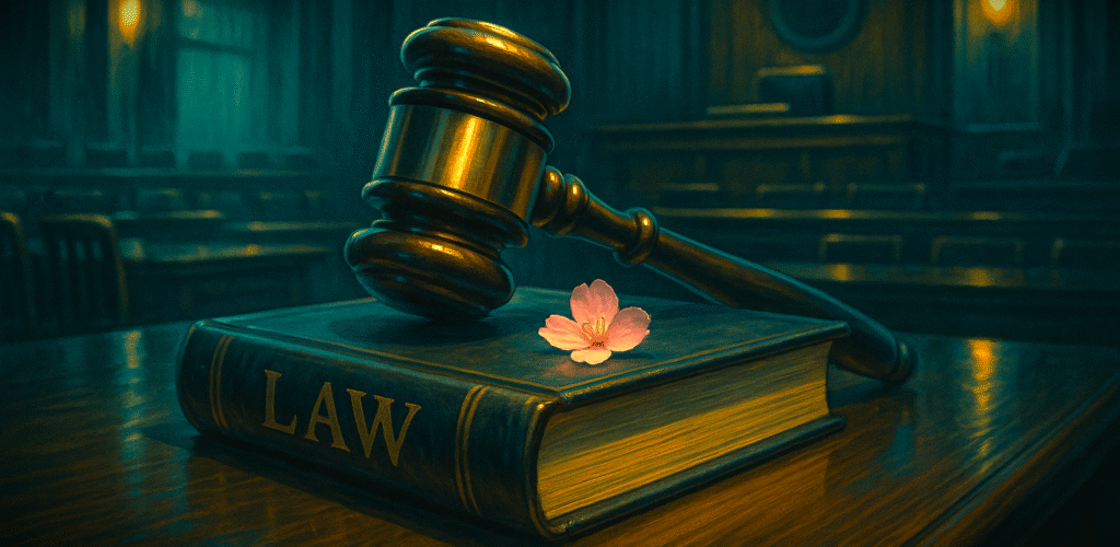 An AI-generated image of a gavel resting on a law book in a Japanese courtroom. A single cherry blossom petal lies next to the gavel, symbolizing peace and closure after a long wait for justice. The lighting is somber but hopeful.