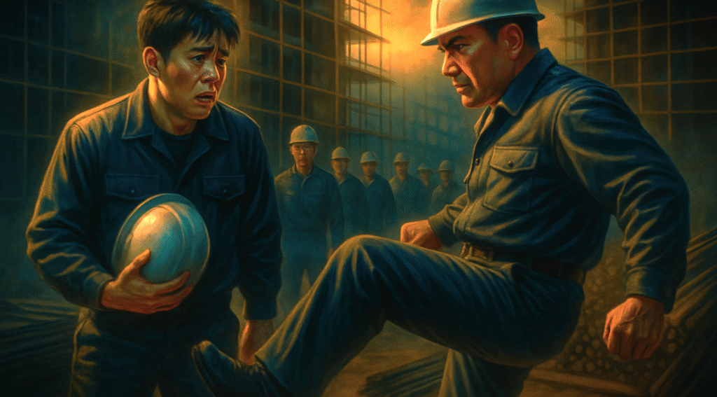 At a construction site, an angry worker in a hard hat kicks at a frightened coworker while other men watch in the background.