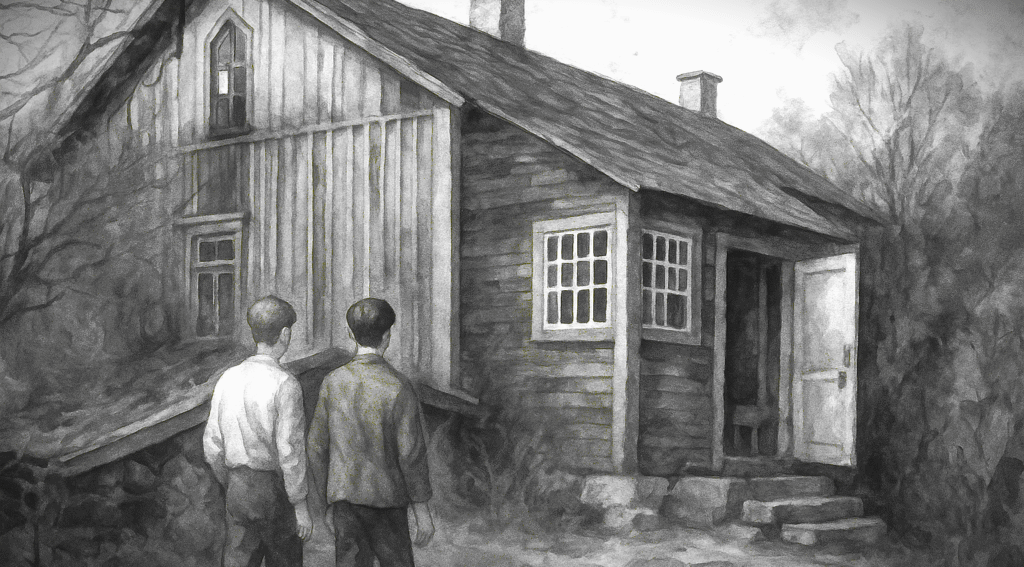 A haunting charcoal-style illustration of two young boys approaching the desolate Saarinen family home, depicting the moment the mystery of their mother's disappearance began.