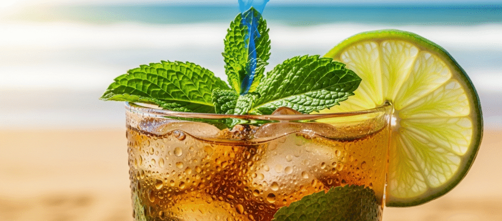 A close-up of an iced mint drink. The image captures the refreshing menthol cooling effect, which makes us feel cool.