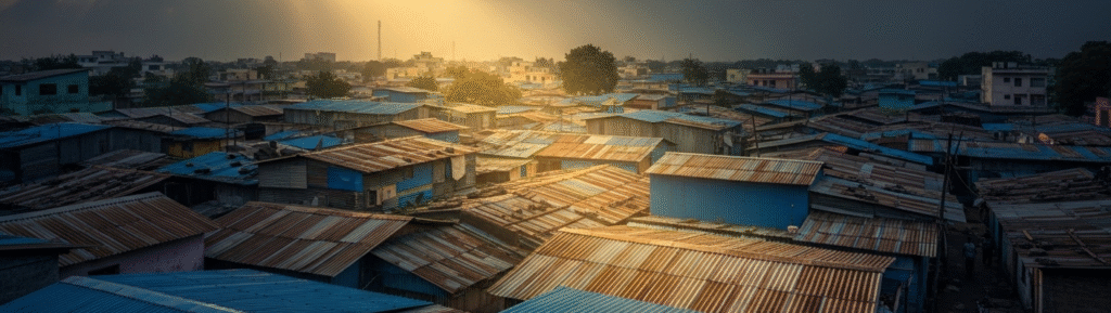 A panoramic view of the Kasturba Nagar slum in the city of Nagpur, showing the cramped conditions where Akku Yadav's reign of terror took place under a dramatic sky.