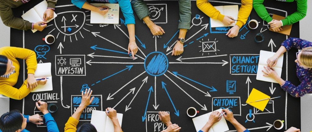 Overhead view of a group brainstorming around a table covered in chalkboard drawings of arrows, diagrams, and notes, symbolizing the art of decision-making and collaboration.