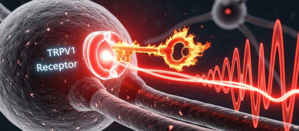 A 3D diagram showing how the capsaicin molecule tricks the TRPV1 receptor on a nerve cell, causing the sensation of heat.
