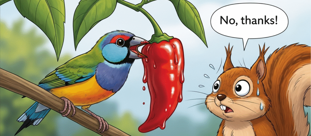 An illustration showing a bird eating a chili, explaining the evolutionary reason why are peppers hot to deter mammals but not birds.