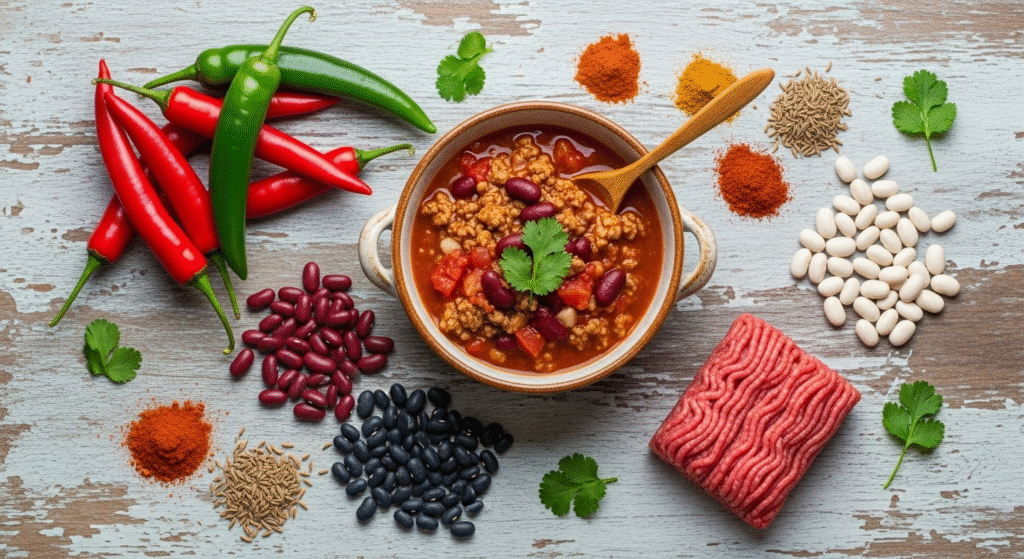 A colorful arrangement of ingredients for a healthy meal, demonstrating the delicious and tangible spicy food benefits of cooking with peppers.