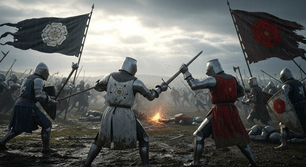 A knight in Stark-like armor defends with a shield against a muddy battlefield, evoking