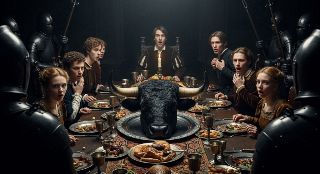 (Feast with bull's head): A dark medieval feast with a bull's head, evoking the chilling atmosphere of Game of Thrones.