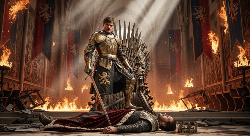 Knight in golden armor stands triumphant over a fallen king on the Iron Throne, symbolizing Game of Thrones historical inspirations.