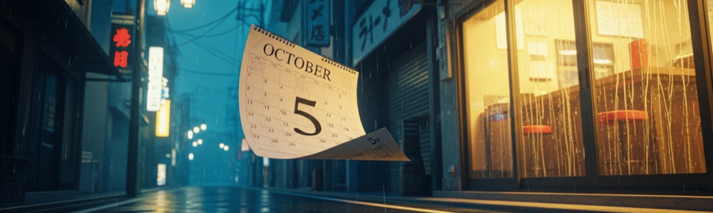 A calendar page with the date of the crime, October 5, symbolizes the many years that passed while the Satomi Kitaguchi murder case remained one of the most haunting unsolved Japanese mysteries.