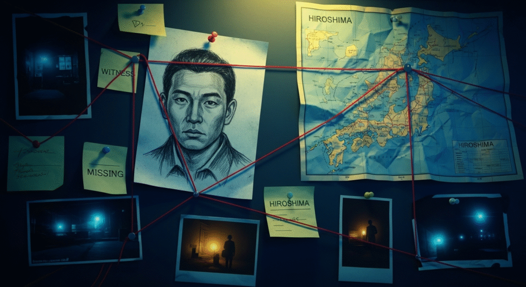 An evidence board for the Hiroshima cold case, showing a police sketch and investigation notes, symbolizing the difficult and long search for Satomi Kitaguchi's killer.