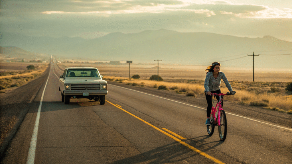 Woman riding a pink bike on a long empty highway near Belen, New Mexico, with a vintage car behind her and desert landscape stretching into the distance under a cloudy sky.