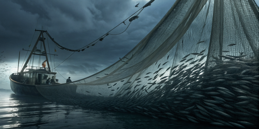 A dramatic image of an industrial fishing boat hauling in a massive purse seine net full of fish under a dark, stormy sky, symbolizing the threat of overfishing.