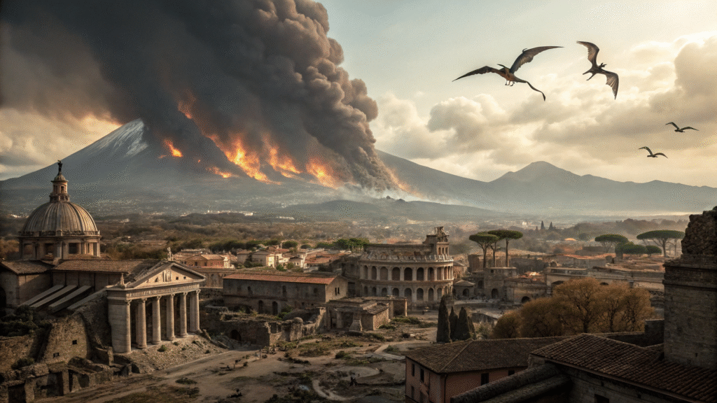 (Volcano and ruins): An ancient city in ruins under a volcanic eruption, reminiscent of catastrophic events in Game of Thrones.