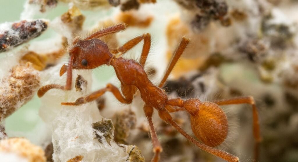 A close-up of a reddish ant among its colony, foraging through debris and material, demonstrating the teamwork and organization found within ant colonies.