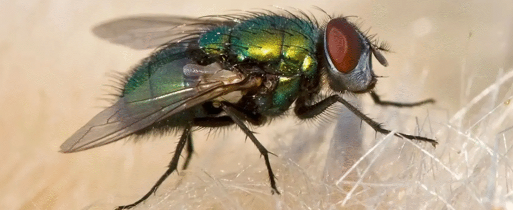A macro shot of a shiny, metallic green bottle fly with large red compound eyes, resting on a textured, light-colored surface and showing the fine hairs on its body.