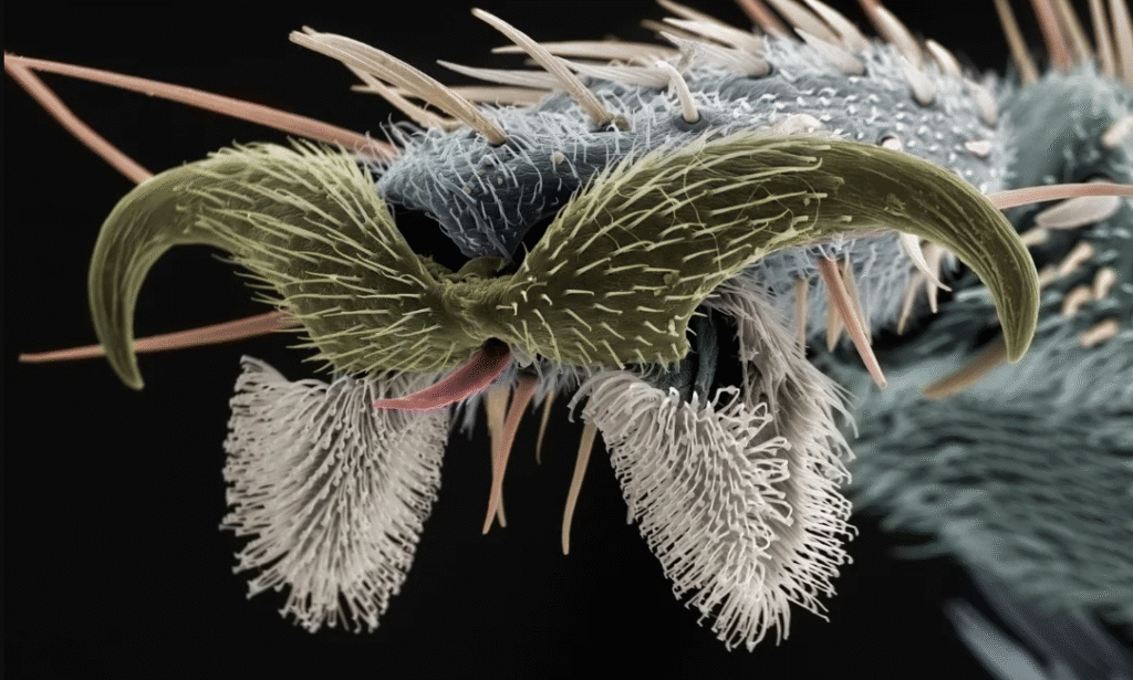 A microscope image of a fly's foot with sharp claws and sticky pads. These pads help explain how flies eat by allowing them to taste surfaces and cling to their food.