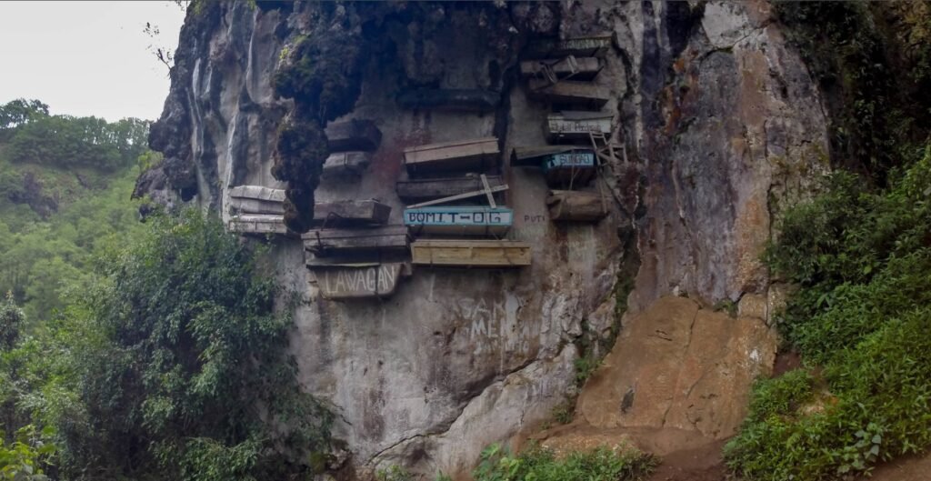 Sagada hanging coffins secured on a steep cliff face in the Philippines, showcasing an ancient and unique burial tradition amid lush green surroundings.