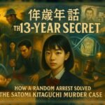 An illustration for 'The 13-Year Secret' about the Satomi Kitaguchi murder, showing the victim, her family, DNA evidence, and symbols of justice.