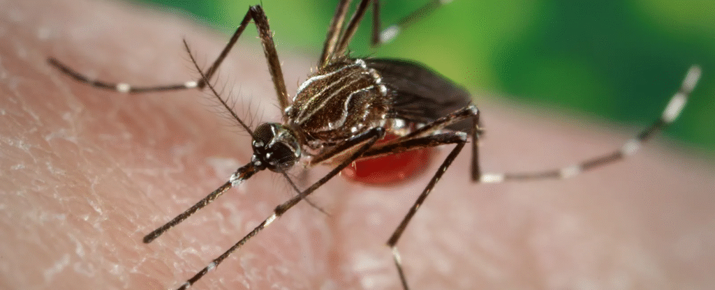 A close-up of a mosquito biting skin, its abdomen filling with red blood. This is one of many surprising bug facts about how common pests feed and survive in our homes.
