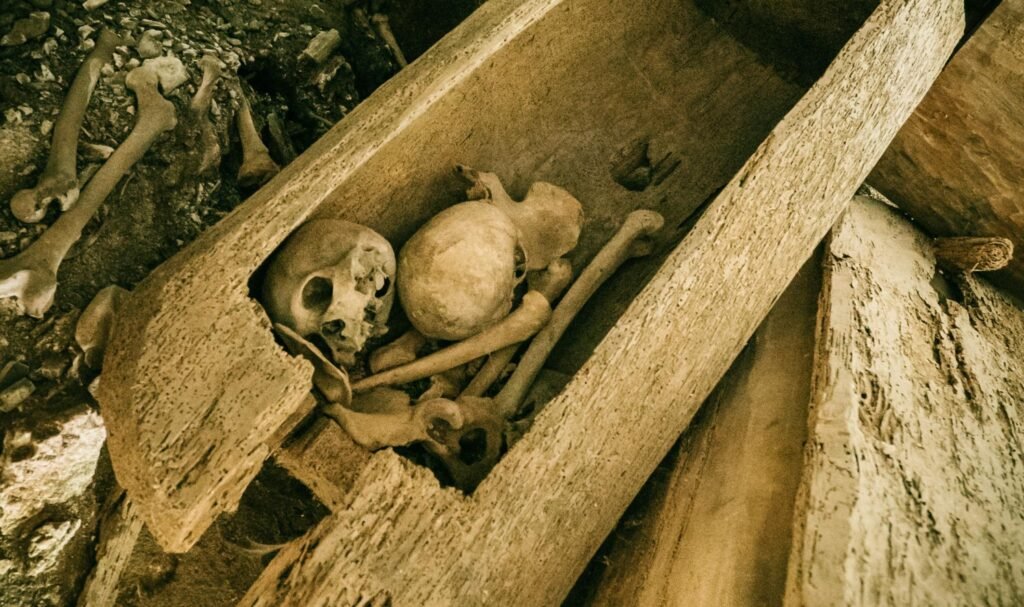 Human skeletal remains inside a wooden coffin, part of the hanging coffins of Philippines burial tradition, highlighting ancient funerary practices.