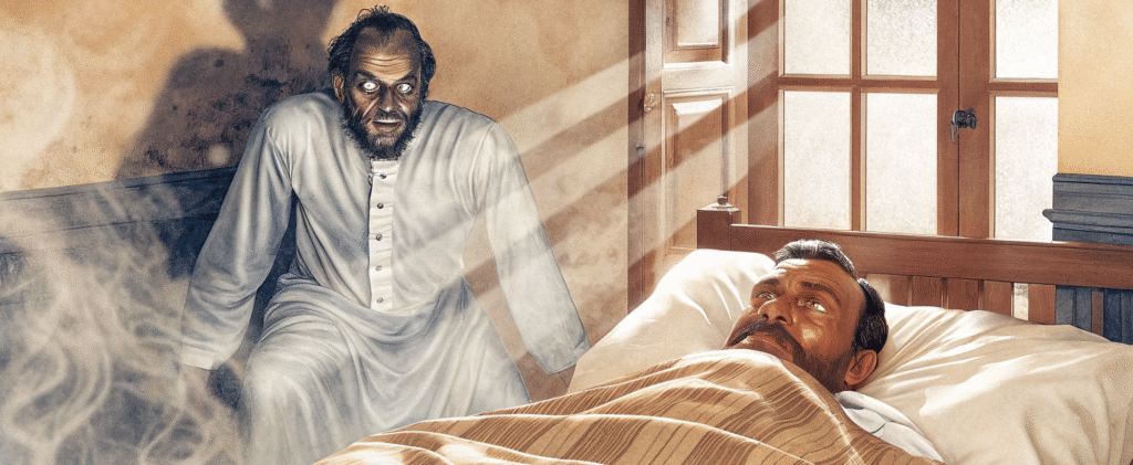 Man lying in bed staring fearfully at a ghostly figure, illustrating the question: what is sleep paralysis and its terrifying hallucinations?