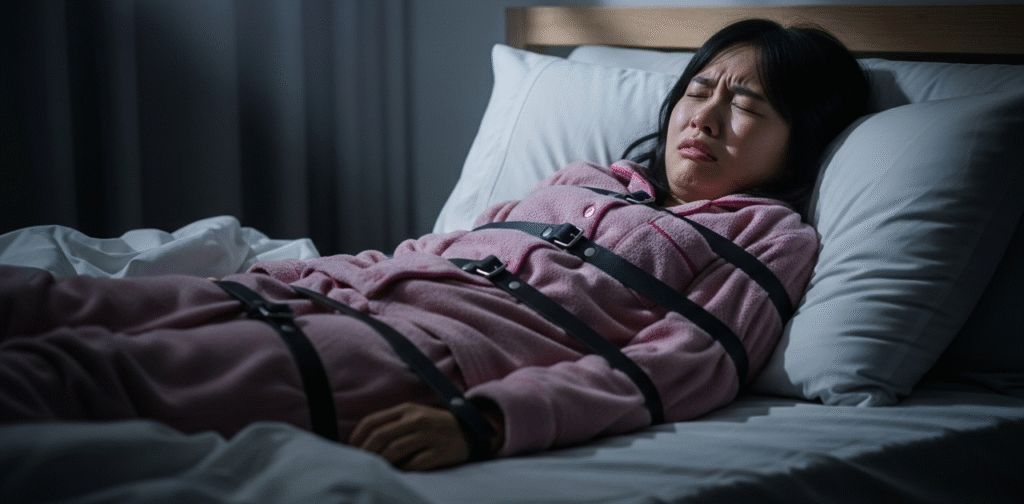 Woman lying in bed restrained by straps, distressed, depicting a scenario on how to stop sleep paralysis and regain control during episodes.