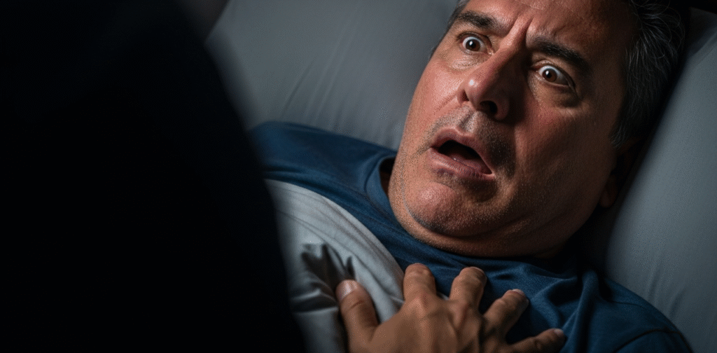 Man lying in bed with wide eyes and hand on chest, terrified by the presence of a sleep paralysis demon causing fear and paralysis during sleep.