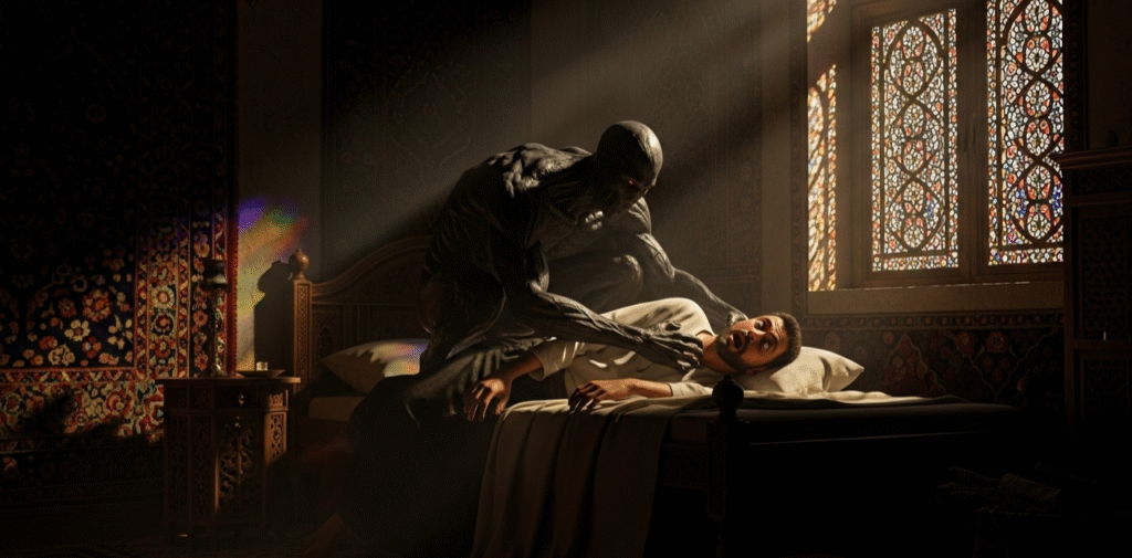 Terrified man in bed with a dark shadowy figure looming over him, capturing the essence of sleep paralysis stories and nightmarish experiences.