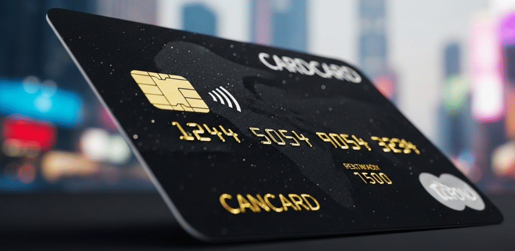 Close-up of a sleek black modern credit card displaying a gold EMV chip, contactless payment icon, and raised card numbers against a blurred urban backdrop.