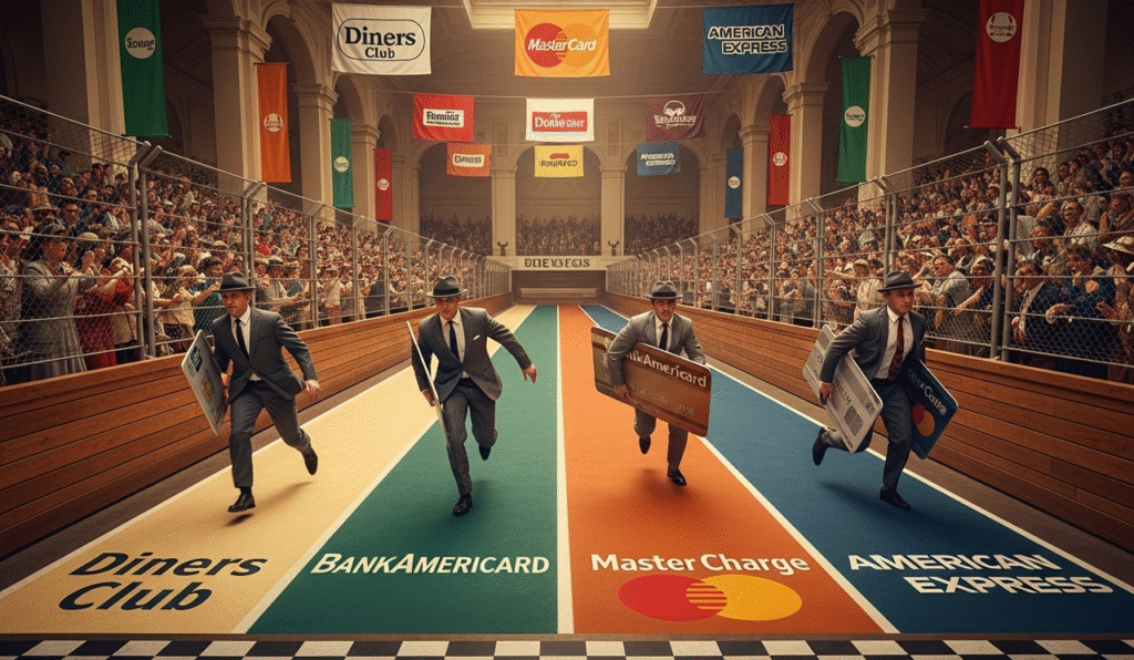 A retro 1950s-style race between businessmen holding giant credit cards symbolizes the origin of credit cards as issuers like Diners Club and BankAmericard compete.