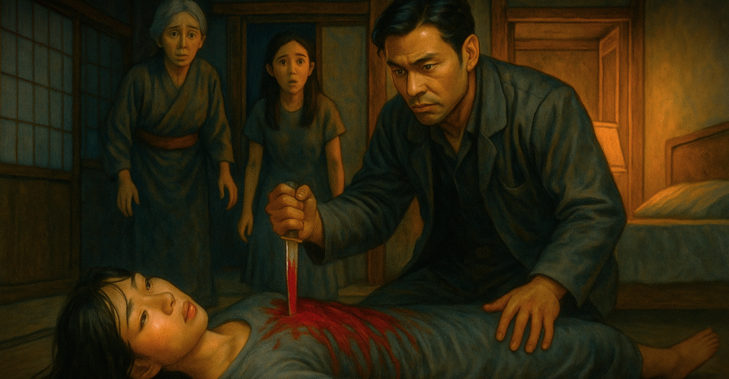 n a dimly lit room, a man holds a bloody dagger to a young woman's chest as an older woman and a young girl look on in horror from a doorway.