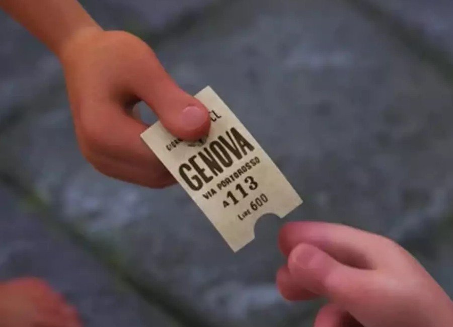 A close-up of a train ticket in Luca showing “Genova A113,” a hidden Pixar Easter egg reference.
