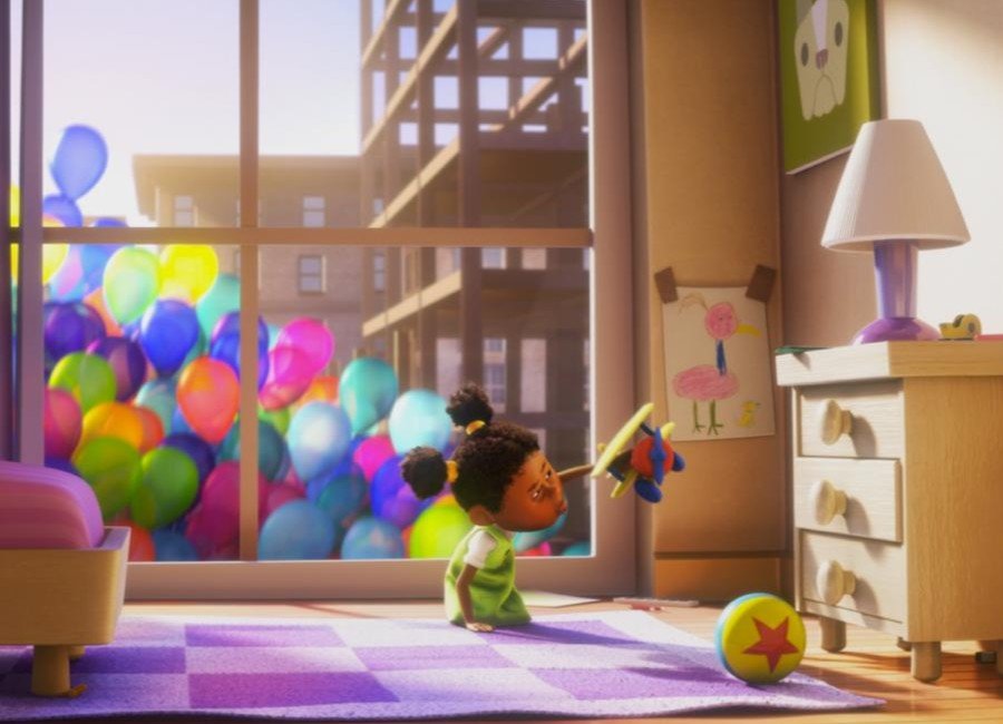 Bonnie Anderson from Toy Story 3 playing with a toy airplane in her room with balloons outside the window.