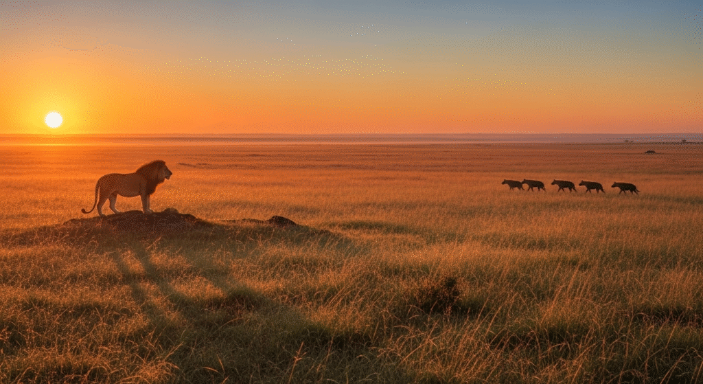 Sunset savannah panorama: lone lion on a mound watches a line of hyenas crossing the grass Lions vs Hyenas tension in a vast, golden landscape.
