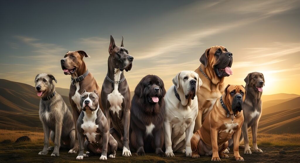 Great Dane, Tibetan Mastiff, Bullmastiff, Irish Wolfhound, Boerboel, and other giant dogs sitting together at sunset, showcasing the Largest Dog Breeds in the world.