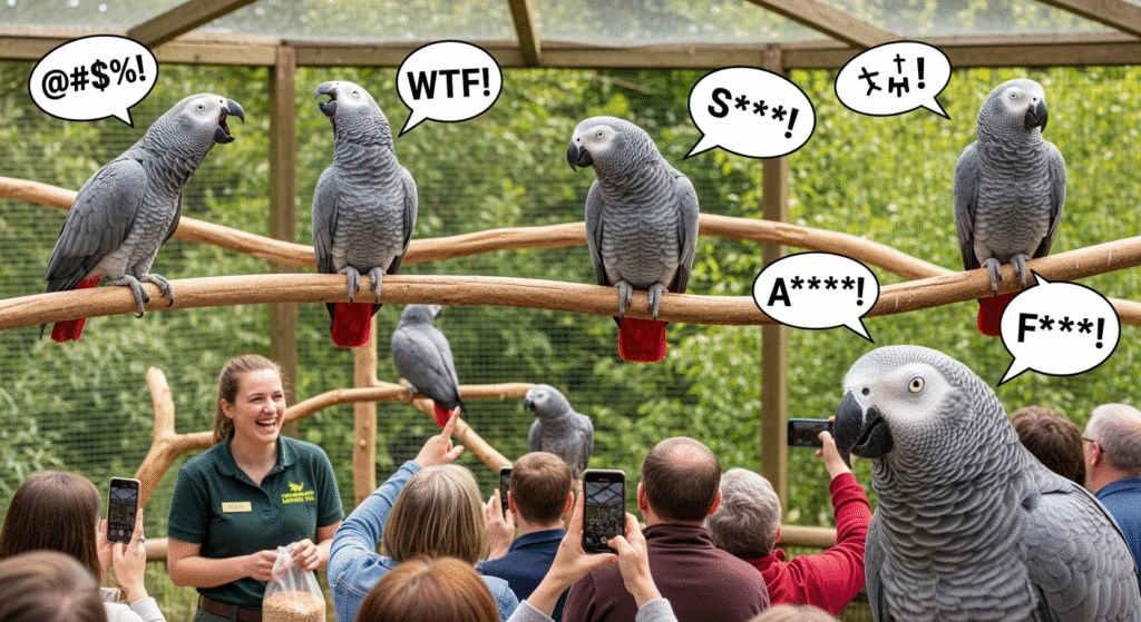 Five African Grey parrots in a zoo exhibit with curse words in speech bubbles, shocking a zookeeper and visitors, illustrating the story of the foul-mouthed parrot gang.