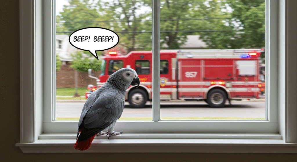 An African Grey parrot on a windowsill mimics a fire alarm with a 'BEEP! BEEP!' speech bubble, successfully deceiving firefighters who are visible outside the window.