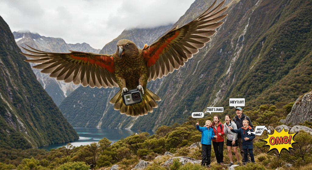 A bold Kea parrot flies with a stolen GoPro camera over a stunning New Zealand fjord, while the family of tourists who own it watch in amazement from below.