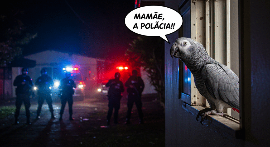 A lookout parrot warns its criminal owners of a police raid, shouting 'Mamãe, a polícia!!' from a window as police with flashing lights approach the house at night.