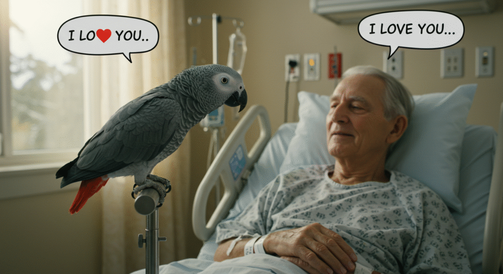 An African Grey parrot acts as a speech therapist, saying "I love you" to its owner in a hospital bed, helping him recover his ability to speak after a stroke.