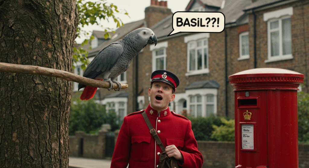 A surprised postman in a red uniform looks up at a lost African Grey parrot named Basil perched in a tree on a London street, depicting the moment the bird was found.
