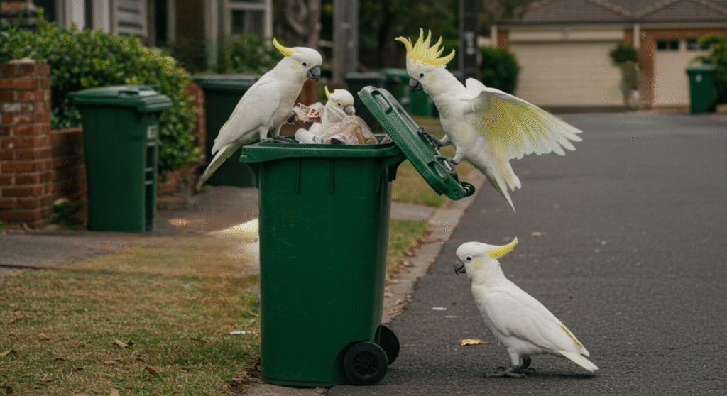 A gang of intelligent sulphur-crested cockatoos works together to raid a green trash bin on an Australian suburban street, showcasing their clever food-finding skills.